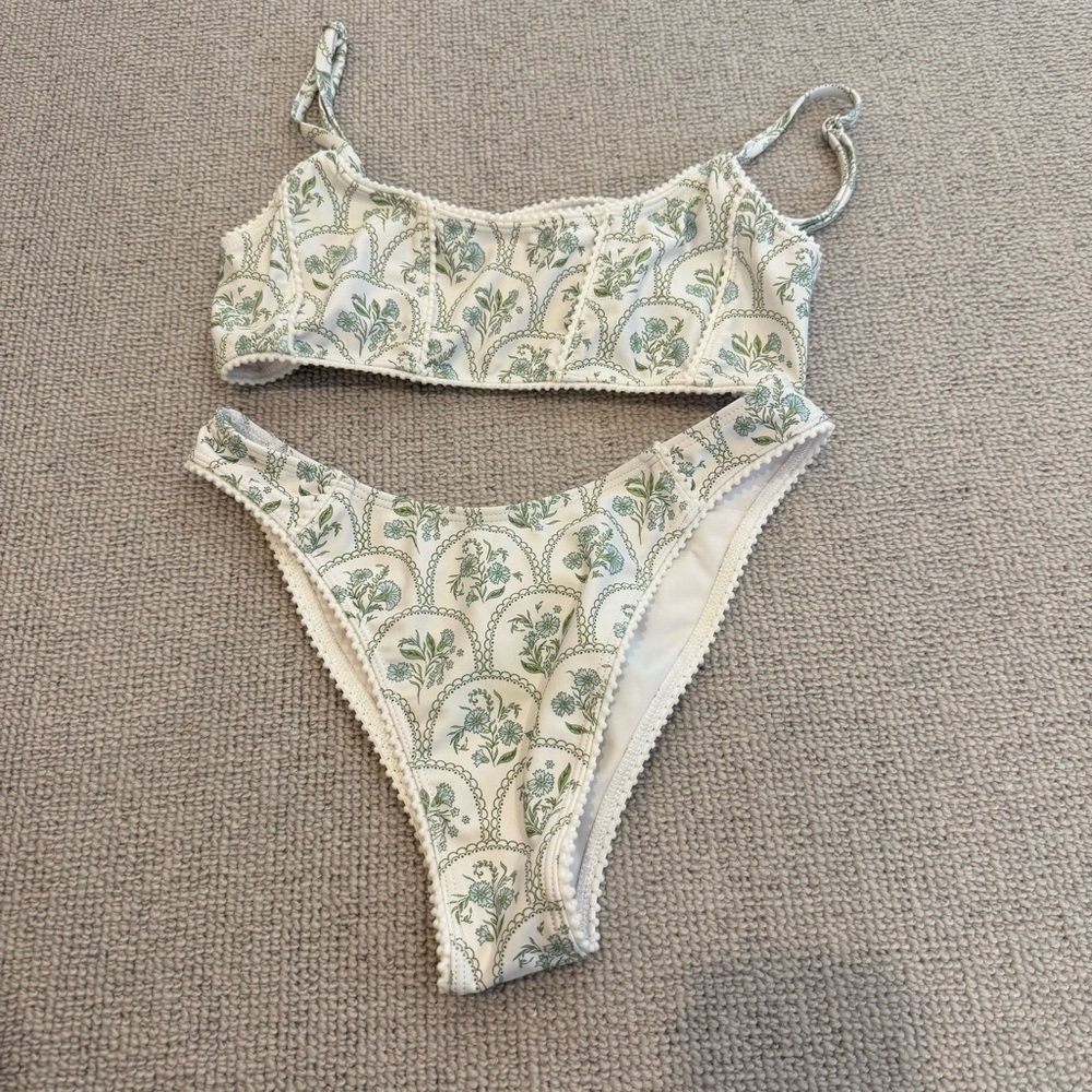 Floral Print Bikini Set - Cream and Sage Green